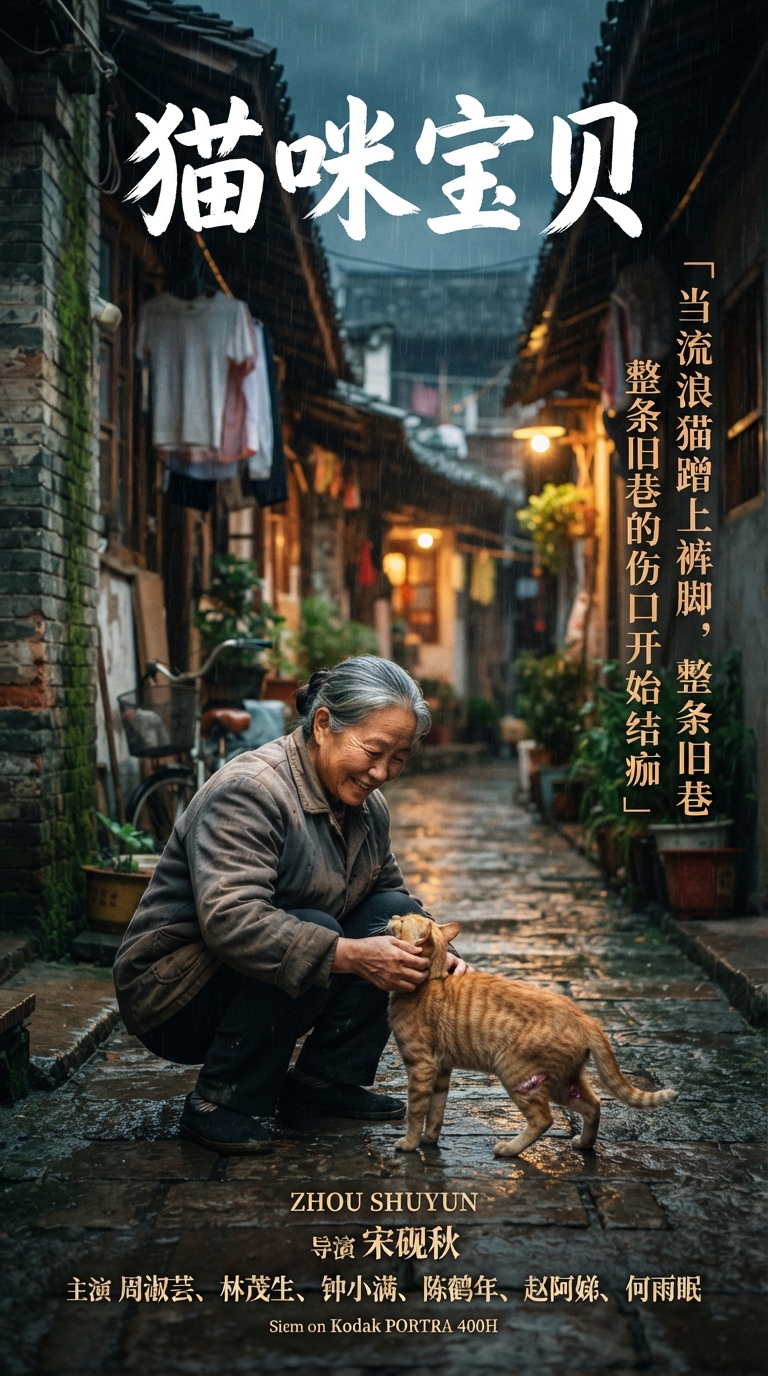 《猫咪宝贝》剧照：周淑芸蹲在修车摊下与橘猫对视